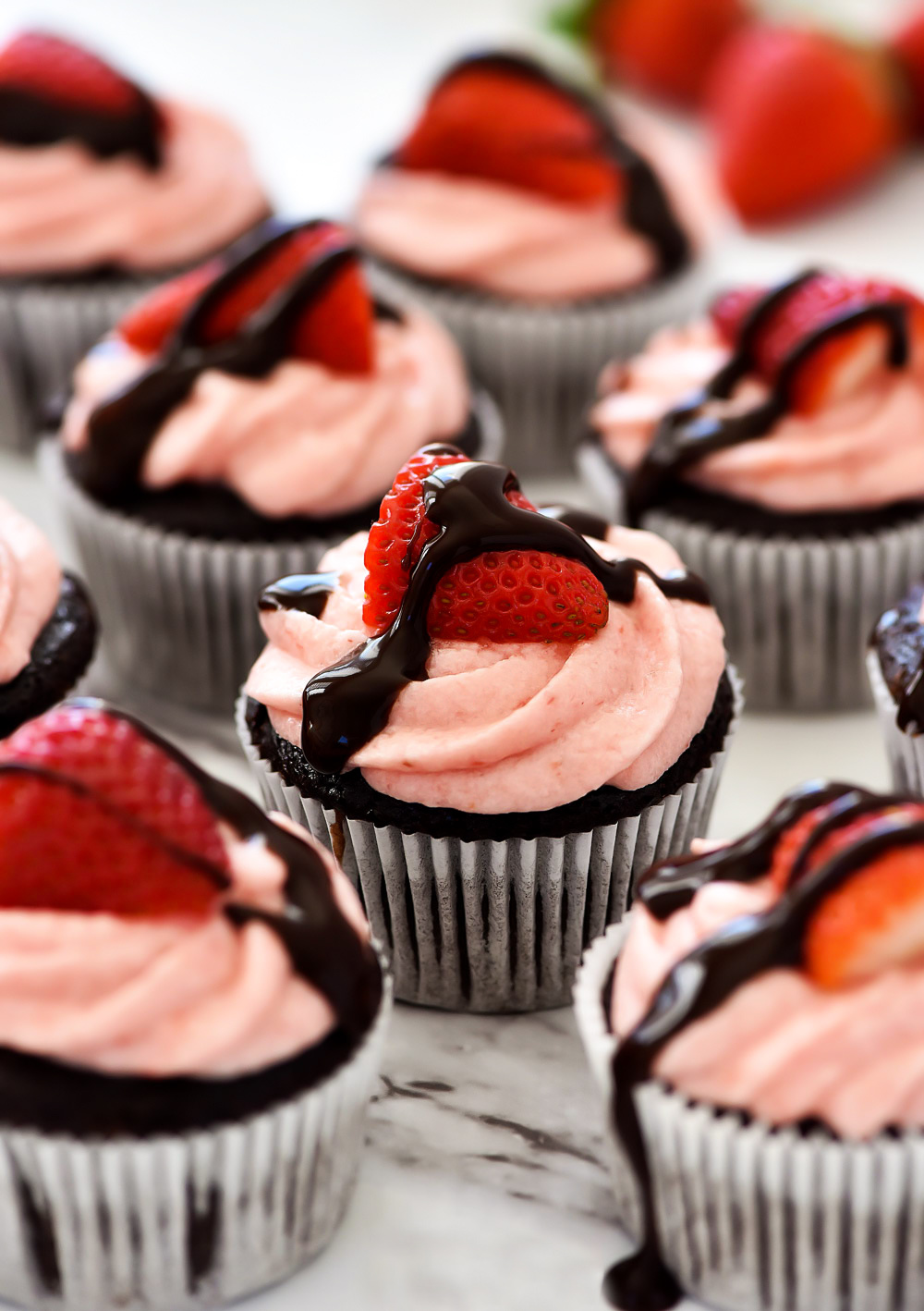 Chocolate Cupcakes topped with fresh strawberry frosting. Life-in-the-Lofthouse.com