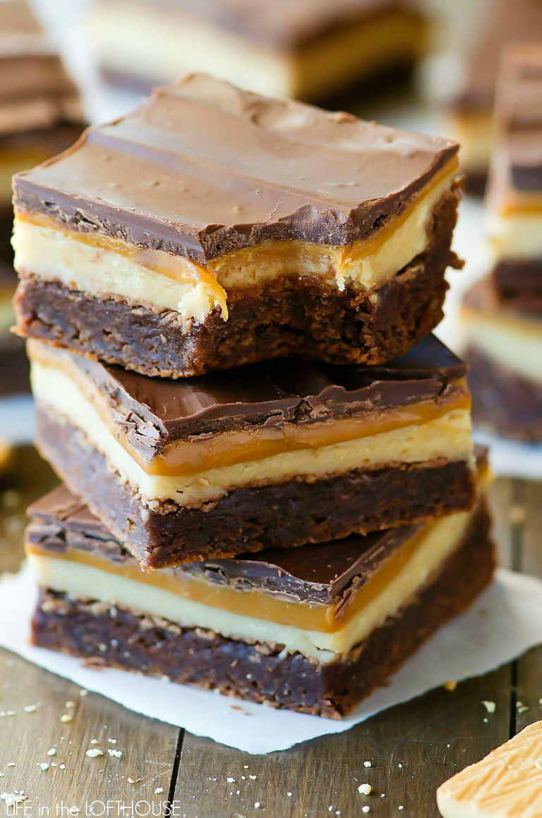 Chocolate brownies with a layer of caramel and cookie, just like the Twix candy bar.