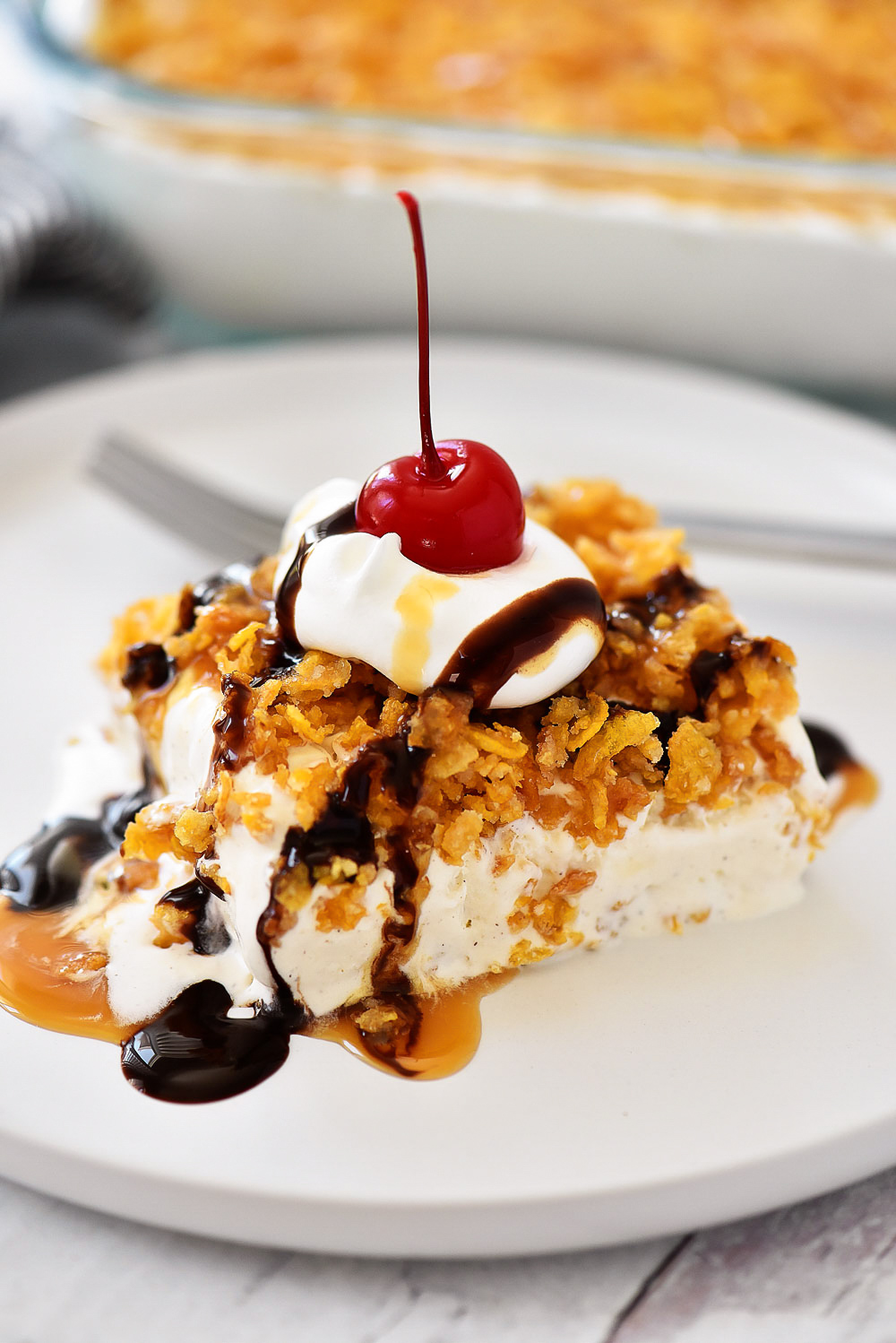 Fried Ice Cream Dessert has an amazing crust&nbsp;that coats&nbsp;a&nbsp;dreamy, cinnamon ice cream combo and is drizzled with chocolate and caramel sauce. Life-in-the-Lofthouse.com