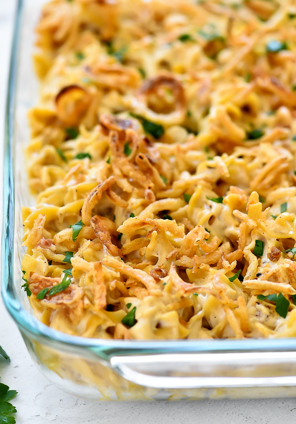 Chicken casserole with creamy chicken soup, crispy fried onions and parsley. Life-in-the-Lofthouse.com