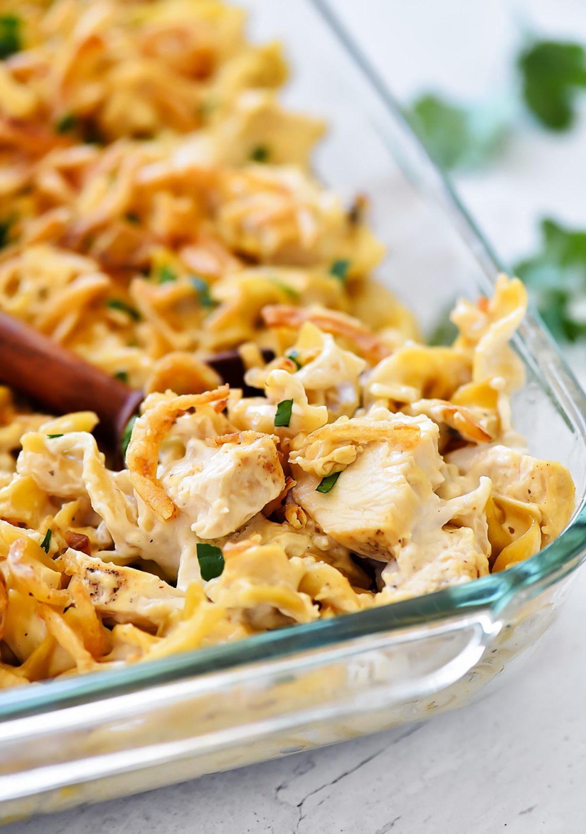 Chicken casserole with creamy chicken soup, crispy fried onions and parsley. Life-in-the-Lofthouse.com