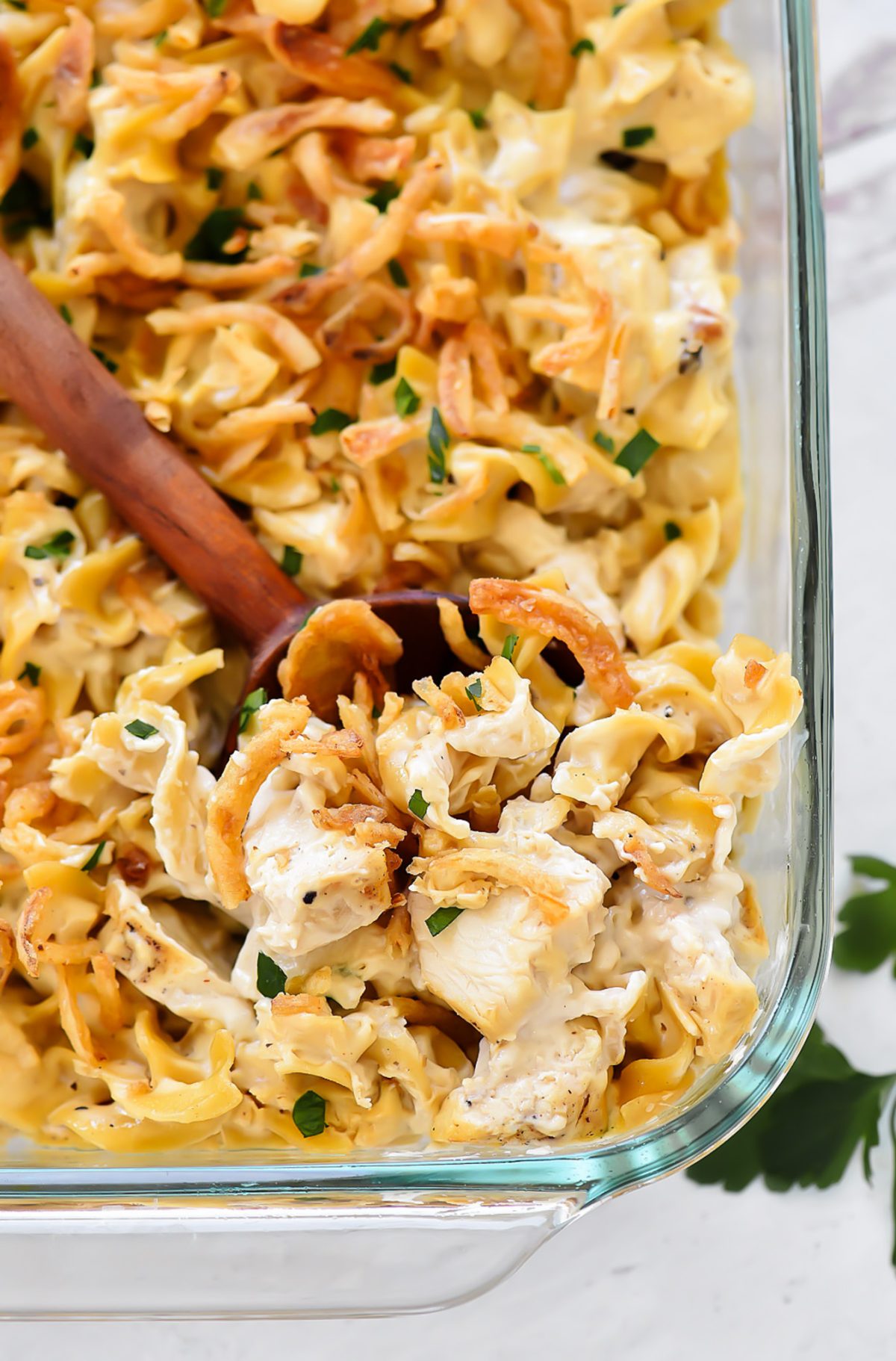 Chicken casserole with creamy chicken soup, crispy fried onions and parsley. Life-in-the-Lofthouse.com
