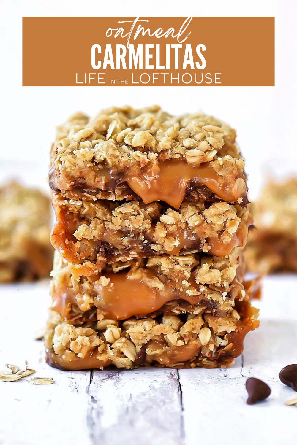 Oatmeal Carmelitas are layered cookie bars with an oatmeal and brown sugar crust and gooey caramel and chocolate filling!