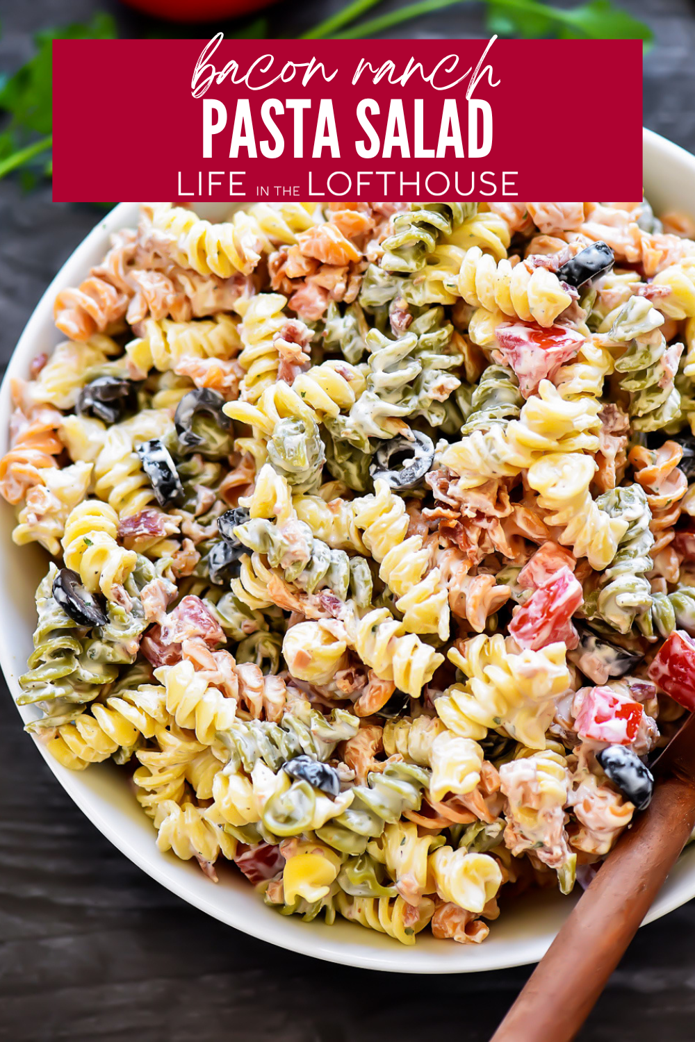 Tender pasta is coated in creamy ranch dressing, bacon and lots of other goodies in this Bacon Ranch Pasta Salad. This pasta salad is perfect for summer barbecues and is always a hit!