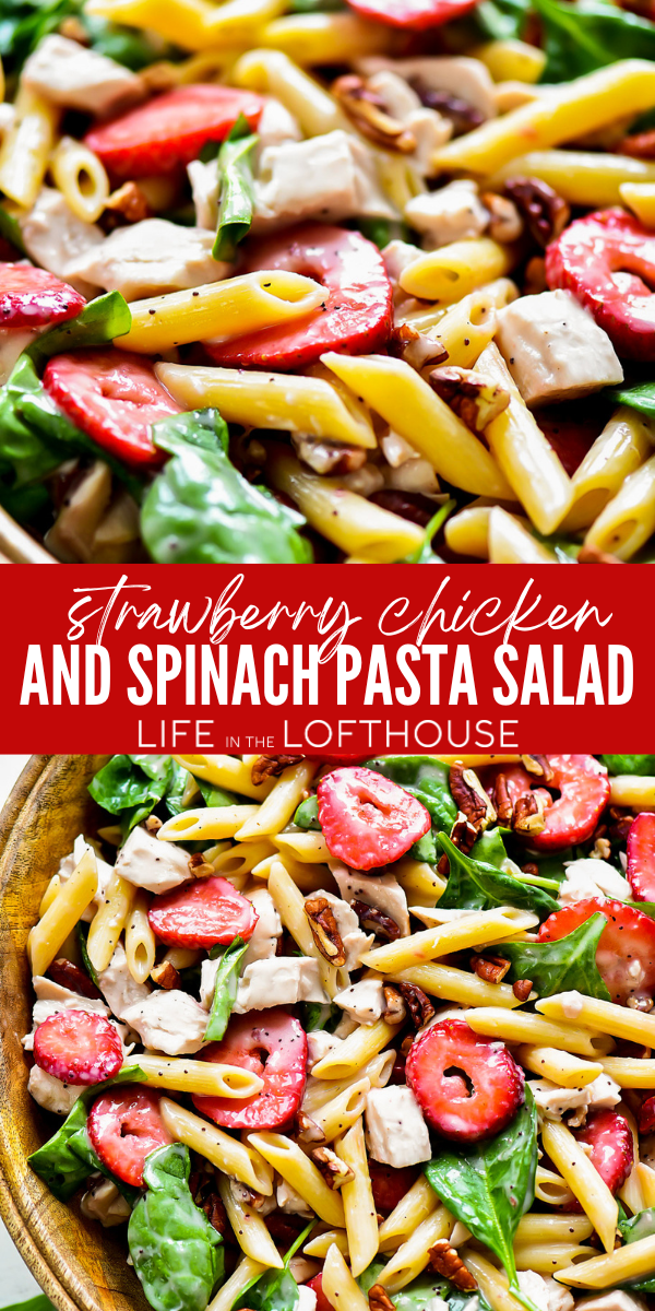 Strawberry Chicken and Spinach Pasta Salad is filled with seasoned chicken, sliced strawberries, baby spinach and poppy seed dressing! It may just become your go-to this summer!