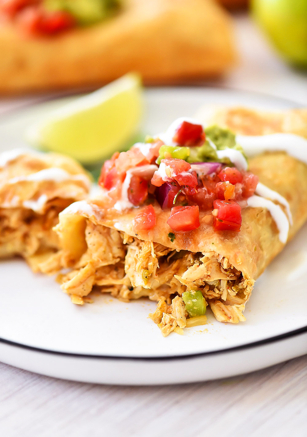 Chicken Chimichangas are filled with flavorful shredded chicken,&nbsp;Monterey jack cheese and diced green chilies. Life-in-the-Lofthouse.com