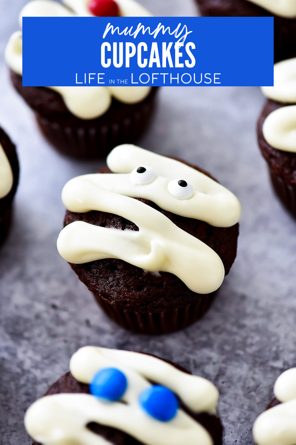 Spooky Mummy Cupcakes made with chocolate cupcakes, sweet frosting, and M&M or candy eyes&mdash;perfect for a fun Halloween treat!