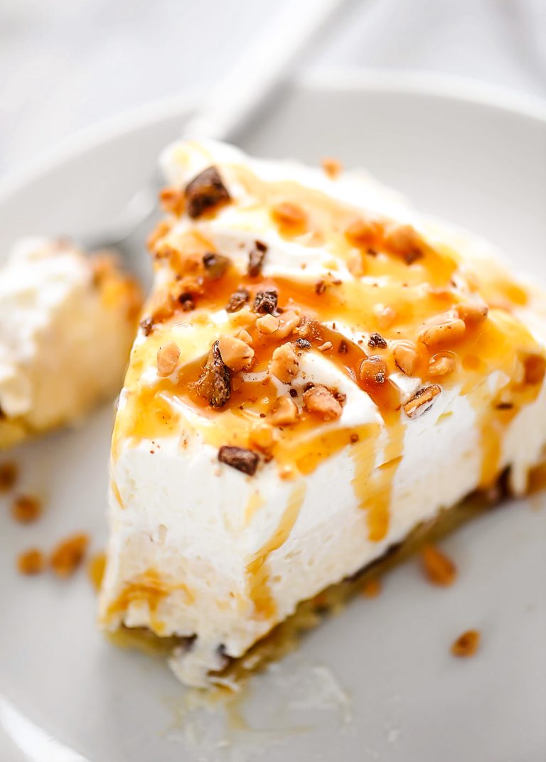 Caramel Cream Pie is filled with a sweet cream cheese and caramel filling over a sugar cookie crust.