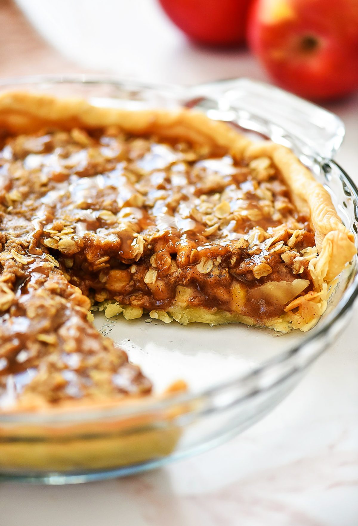 Deep Dish Apple Crisp in a glass baking dish