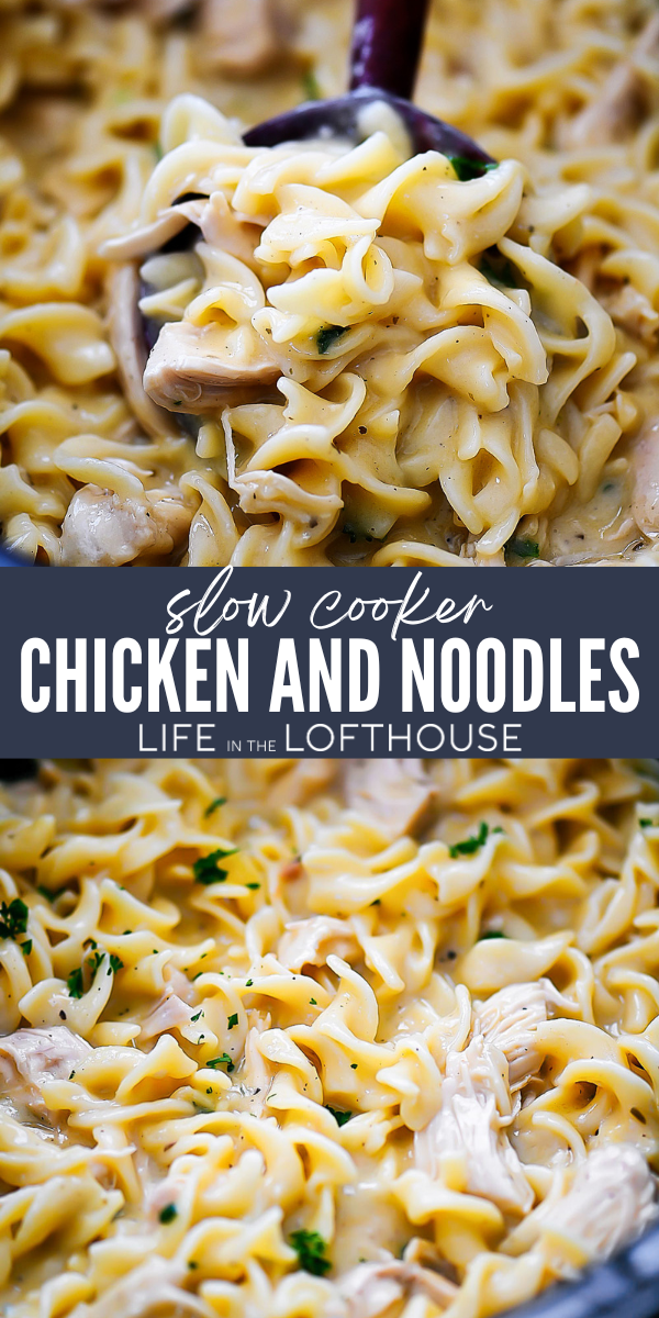 Slow Cooker Chicken and Noodles is comfort food in a bowl, featuring tender chicken and noodles slow-cooked in a savory sauce everyone will love!