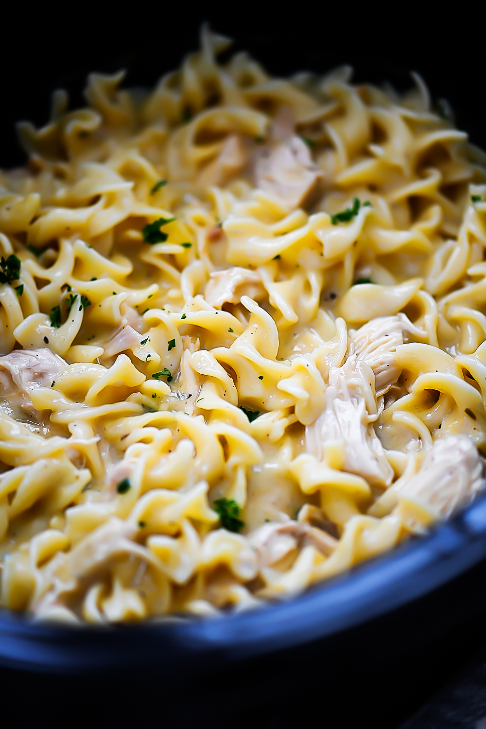 Chicken and egg noodles slow cook in the crock pot with seasonings and broth. Life-in-the-Lofthouse.com