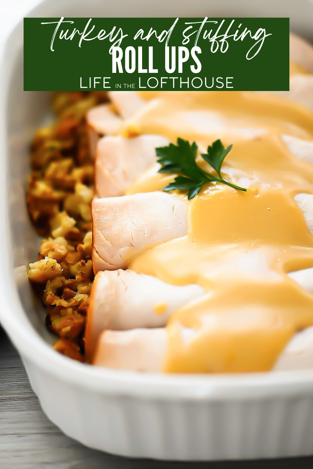 Turkey & Stuffing Roll Ups in white dish