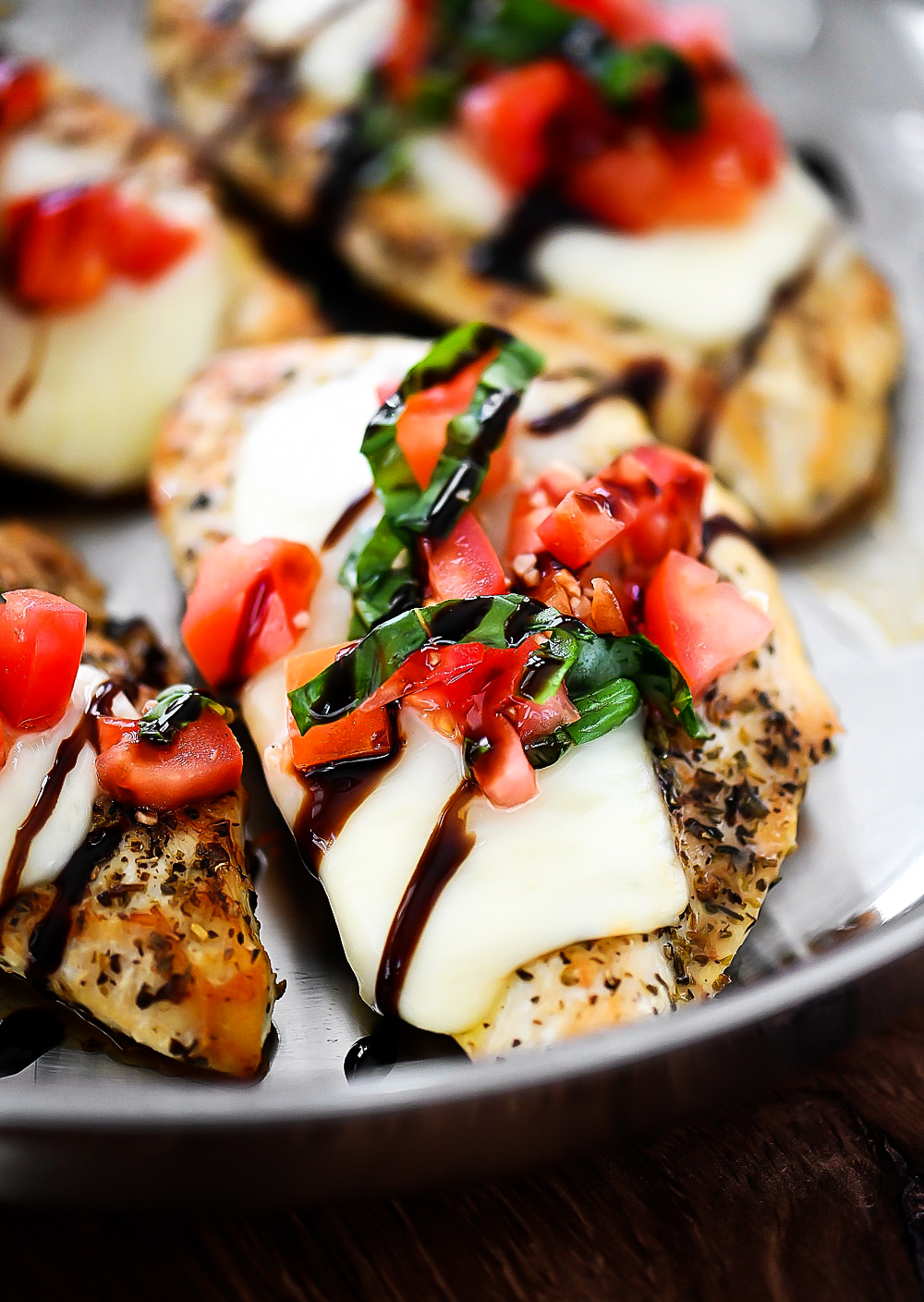 Seasoned chicken with bruschetta topping and Mozzarella cheese.
