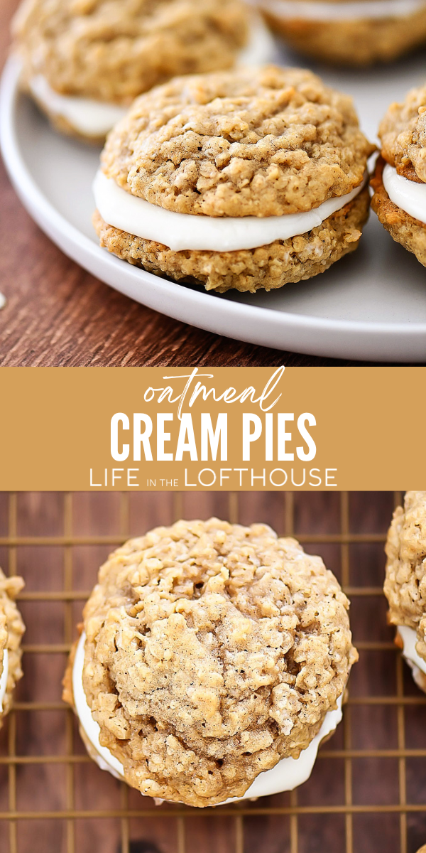 Oatmeal Cream Pies are two cinnamon oatmeal cookies with a lovely cream cheese filling. They are soft, full of flavor, and so delicious!