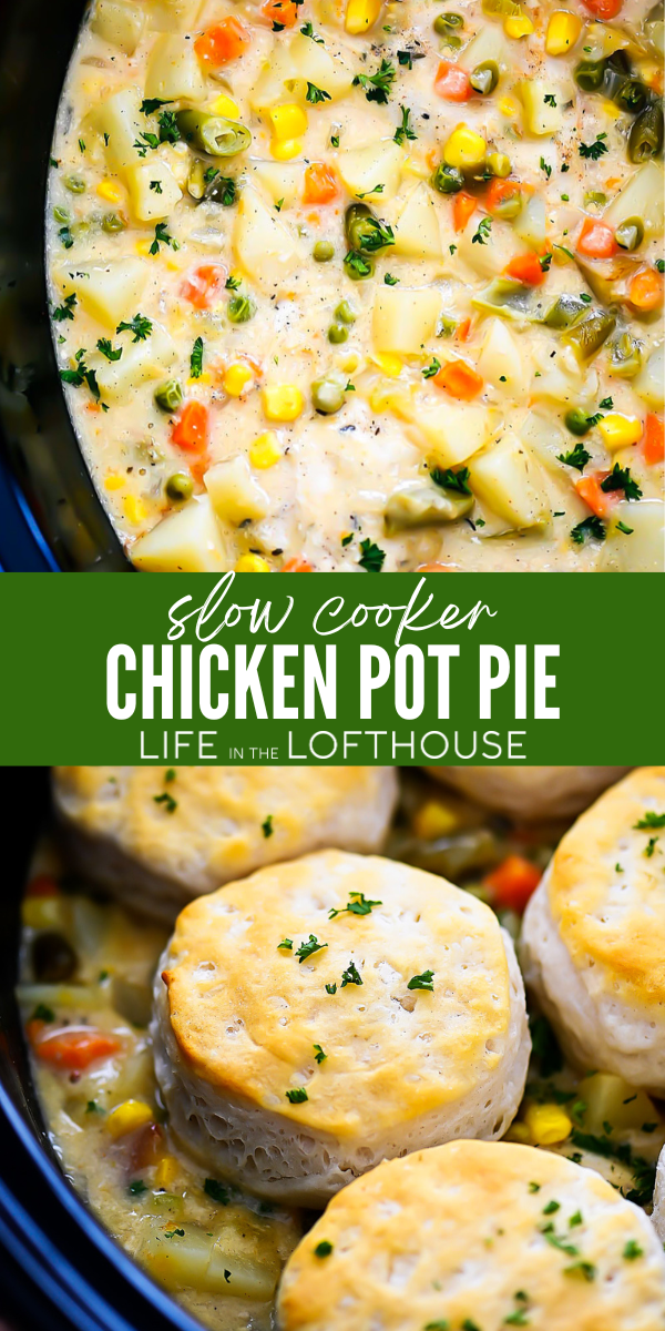 Slow Cooker Chicken Pot Pie is a heartwarming meal filled with chicken and veggies in a savory gravy. Serve with warm biscuits for one delicious dinner!