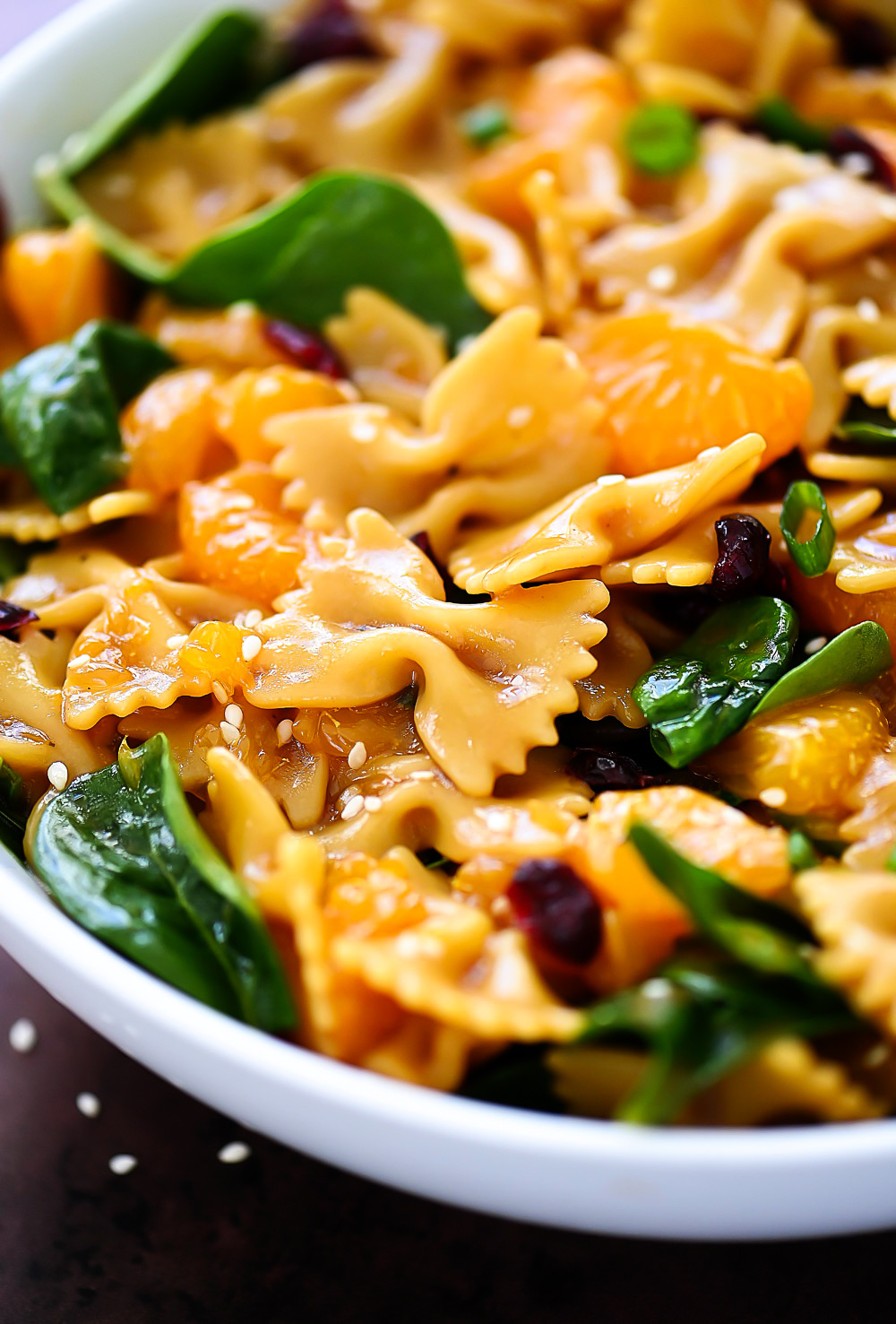 Mandarin Orange and Spinach Pasta Salad is bow tie pasta noodles coated in teriyaki sauce with oranges, spinach and dried cranberries. Life-in-the-Lofthouse.com
