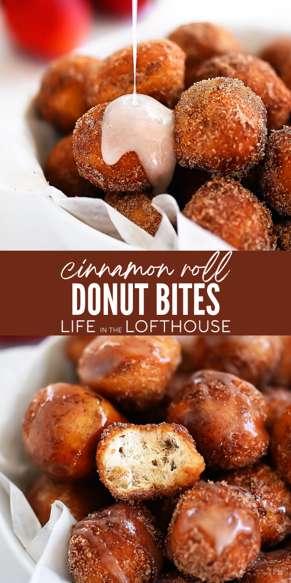 Cinnamon Roll Donut Bites are little bites of bliss. These donuts are soft, fluffy, and coated in cinnamon and sugar. You won&rsquo;t be able to stop at just one!