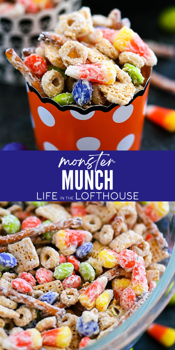 This Monster Munch Halloween snack mix combines pretzels, Chex, candy corn, M&M&rsquo;s, and creamy white chocolate for a sweet and salty fall treat!