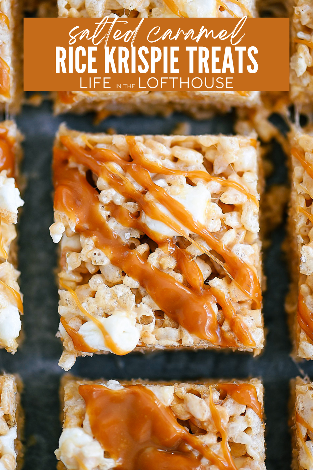 Rice Krispies Treats coated in marshmallows and swirls of salted caramel.