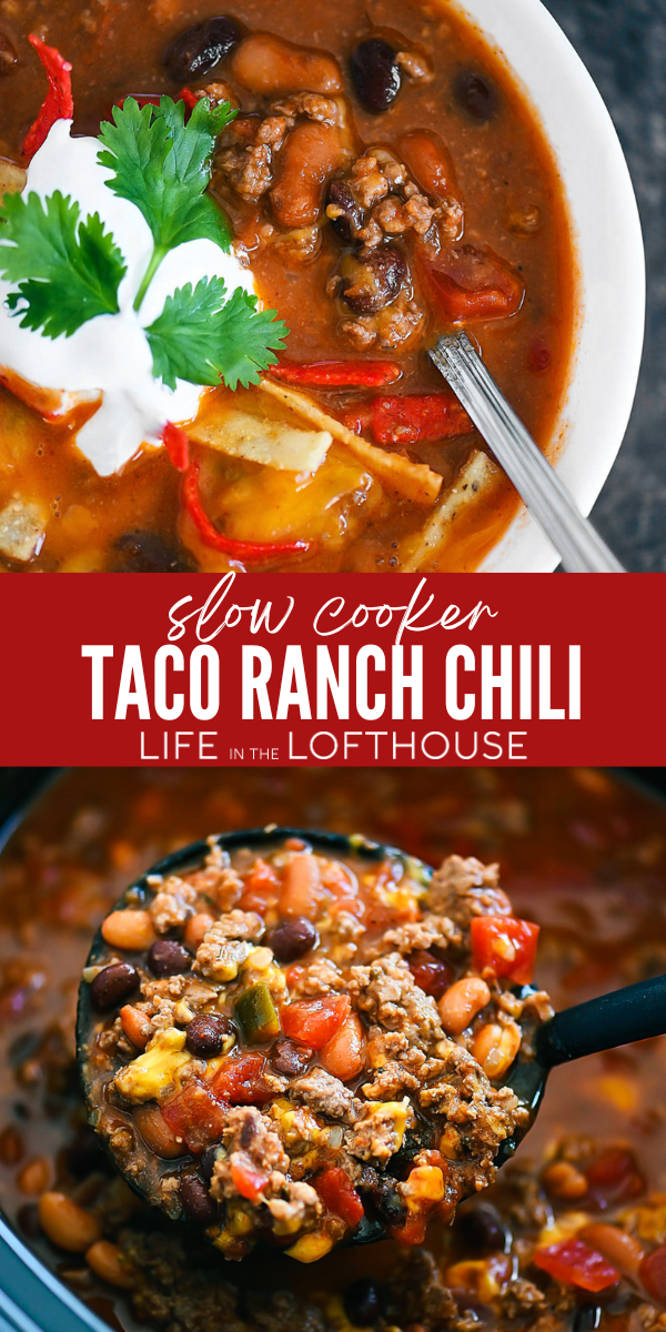 Slow Cooker Taco Ranch Chili is comfort food at its best! This hearty chili is full of ground beef, beans, and plenty of shredded cheese.