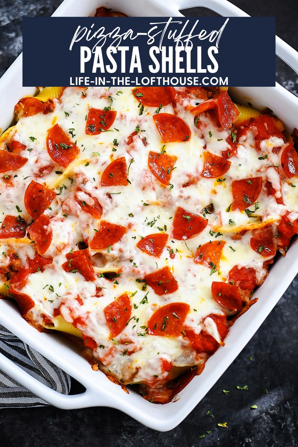 Jumbo pasta shells stuffed with pizza toppings. Life-in-the-Lofthouse.com