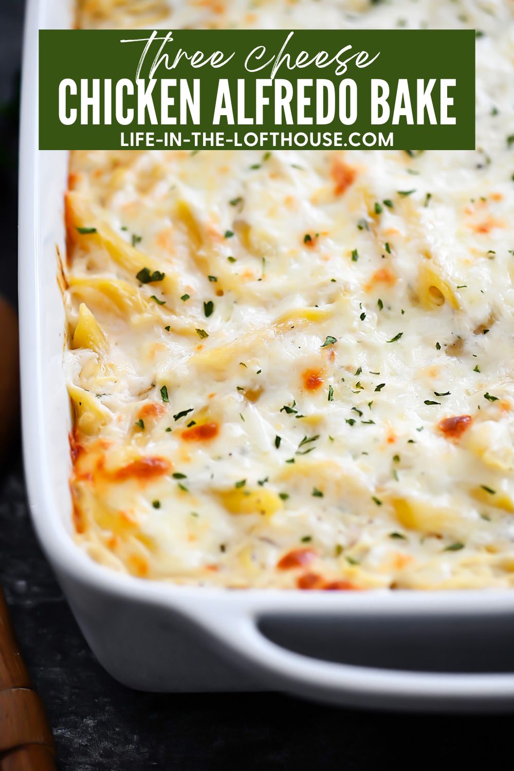 Three Cheese Chicken Alfredo Bake is cheesy, creamy heaven with Ricotta, Parmesan and Mozzarella cheese. Life-in-the-Lofthouse.com