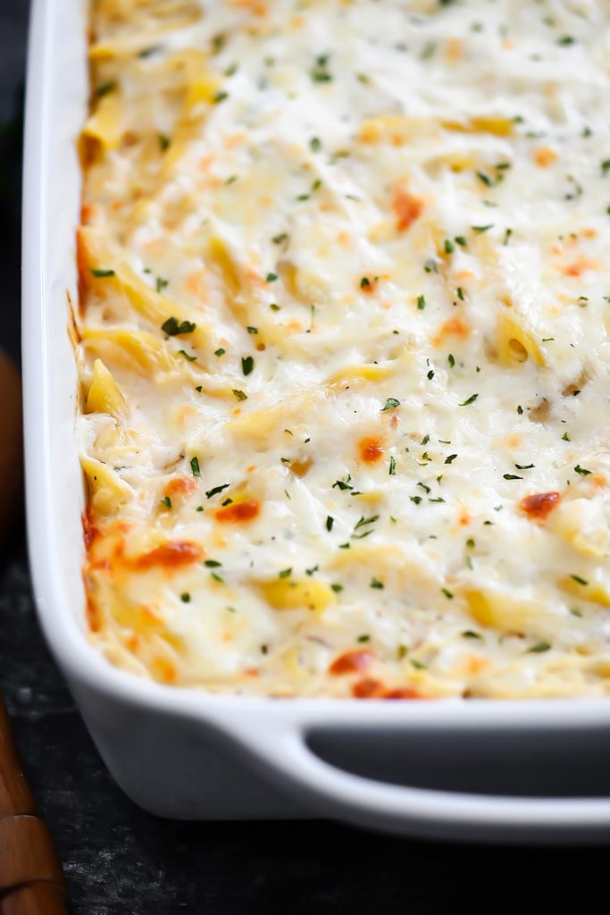 Three Cheese Chicken Alfredo Bake is cheesy, creamy heaven with Ricotta, Parmesan and Mozzarella cheese. Life-in-the-Lofthouse.com