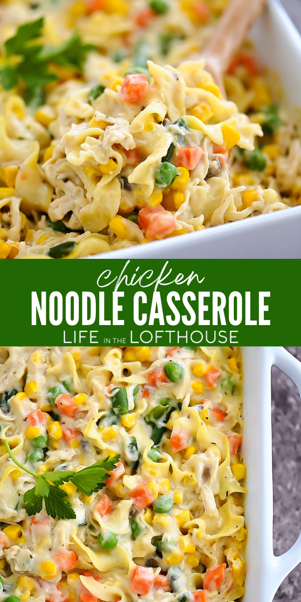 Chicken Noodle Casserole has tender pieces of chicken, veggies, and pasta in a delicious creamy sauce. This casserole is everything like the classic soup and more!