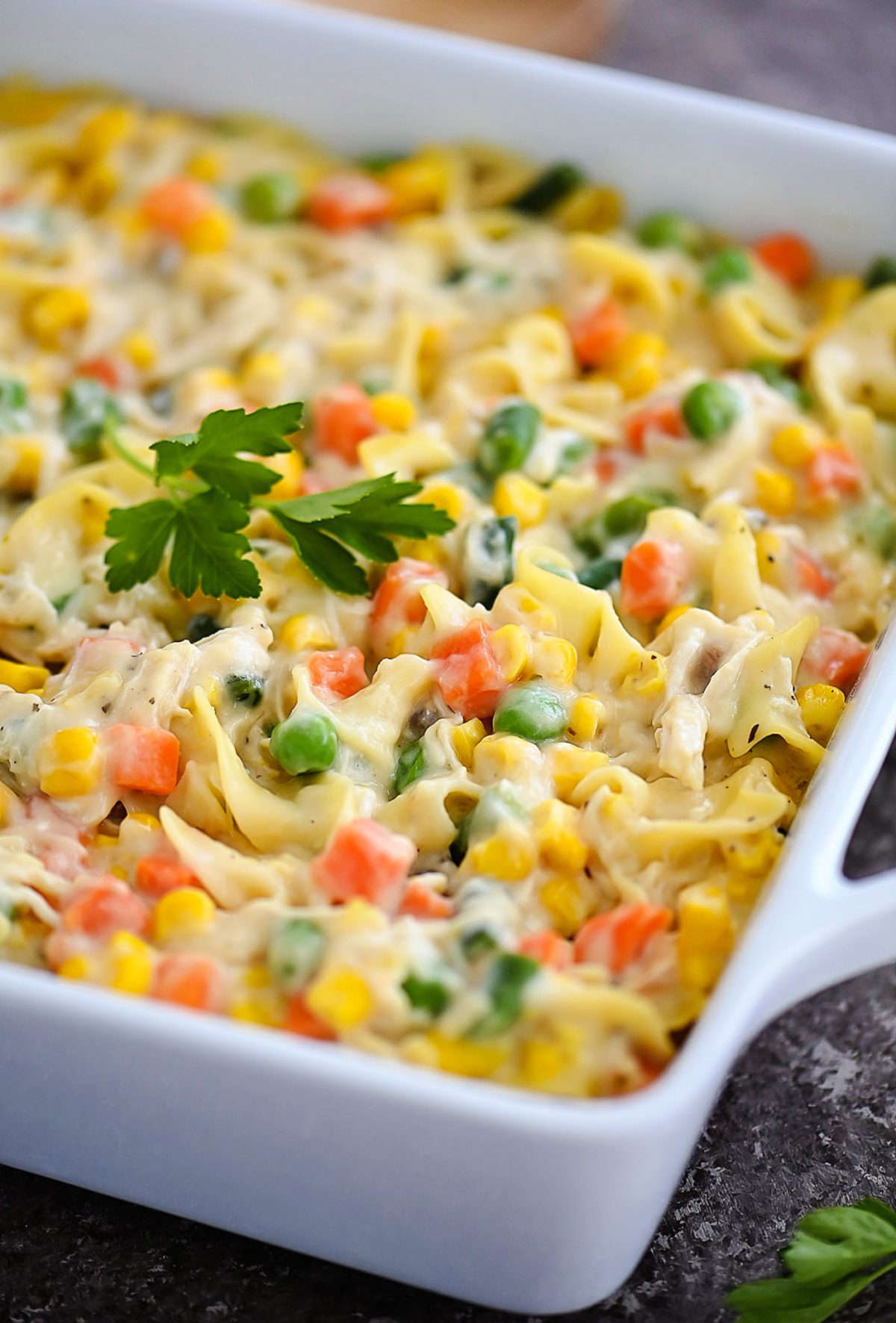 Chicken Noodle Casserole is filled with chicken, veggies and noodles- just like the famous chicken noodle soup. Life-in-the-Lofthouse.com
