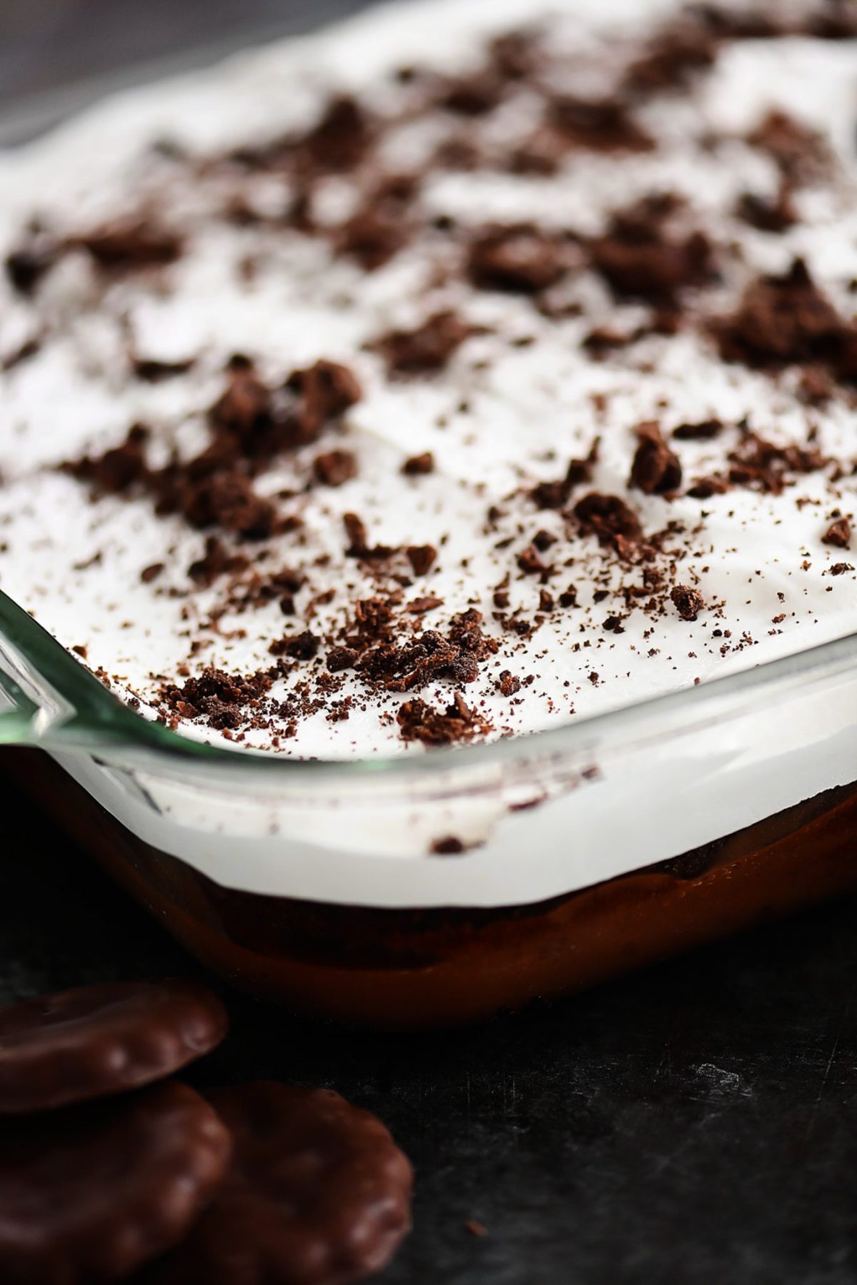 Chocolate Poke Cake with mint cookies