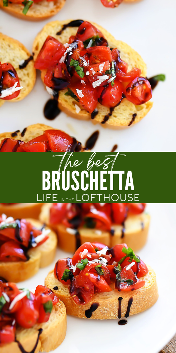The Best Bruschetta is made with fresh garlic, basil, and tomatoes over toasted baguette slices. Drizzle with balsamic glaze for the ultimate Italian appetizer!