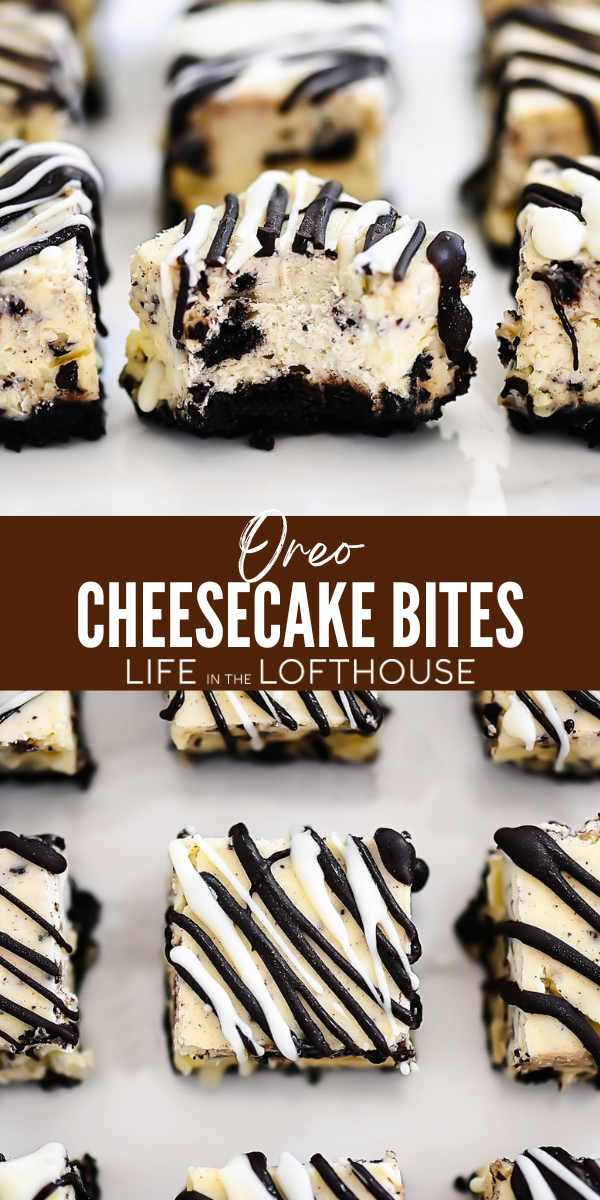 Oreo Cheesecake Bites with chocolate drizzle