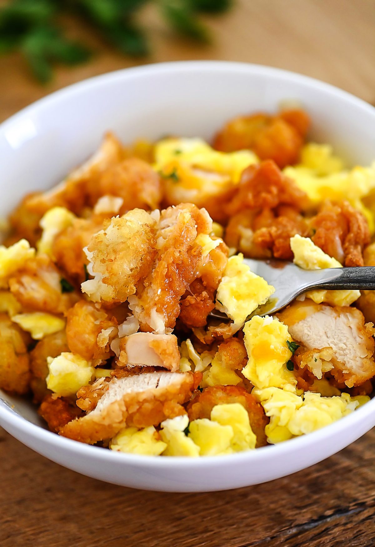 Chicken, Eggs, and Hash browns are packed inside these Chicken Scramble Bowls.