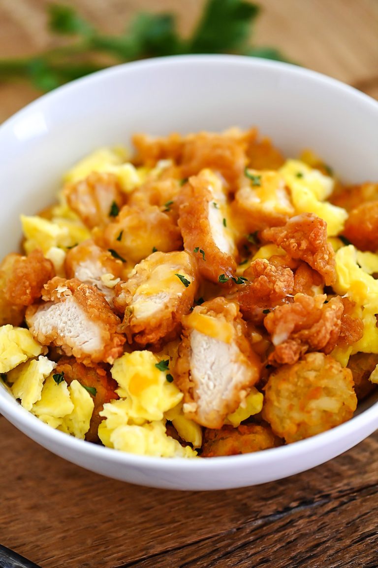Chicken, Eggs, and Hash browns are packed inside these Chicken Scramble Bowls.