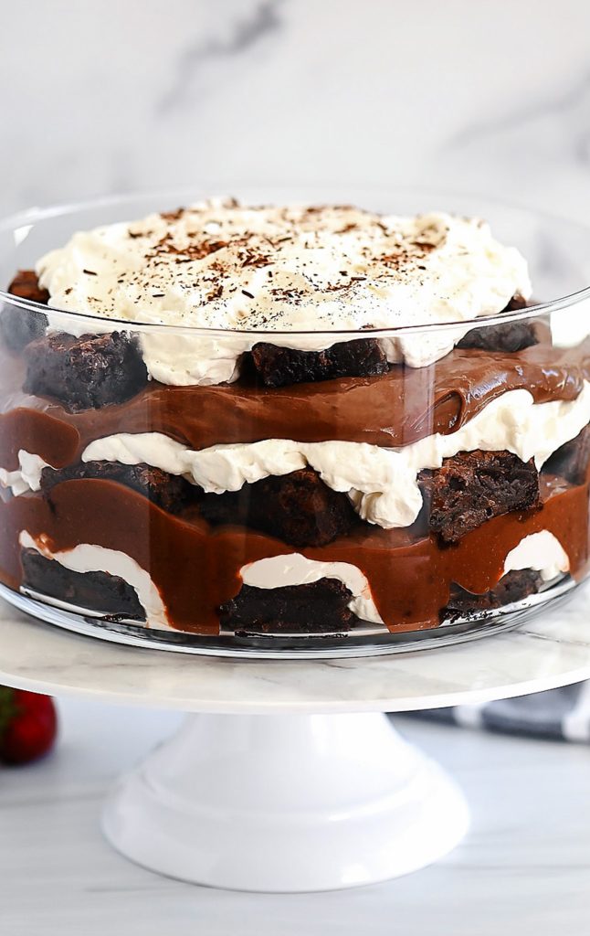 Layers of chocolate pudding, brownies and fresh whipped cream are inside this Brownie Trifle. Life-In-The-Lofthouse.com