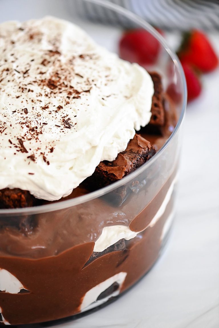 Layers of chocolate pudding, brownies and fresh whipped cream are inside this Brownie Trifle. Life-In-The-Lofthouse.com