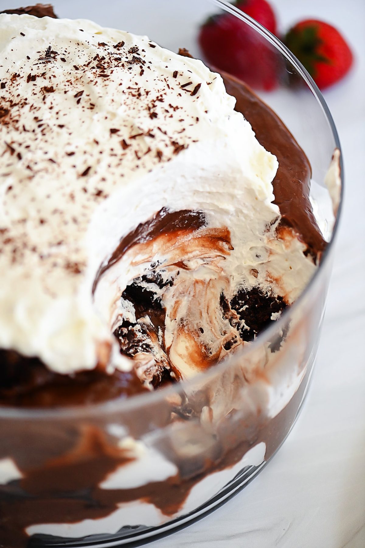 Layers of chocolate pudding, brownies and fresh whipped cream are inside this Brownie Trifle. Life-In-The-Lofthouse.com