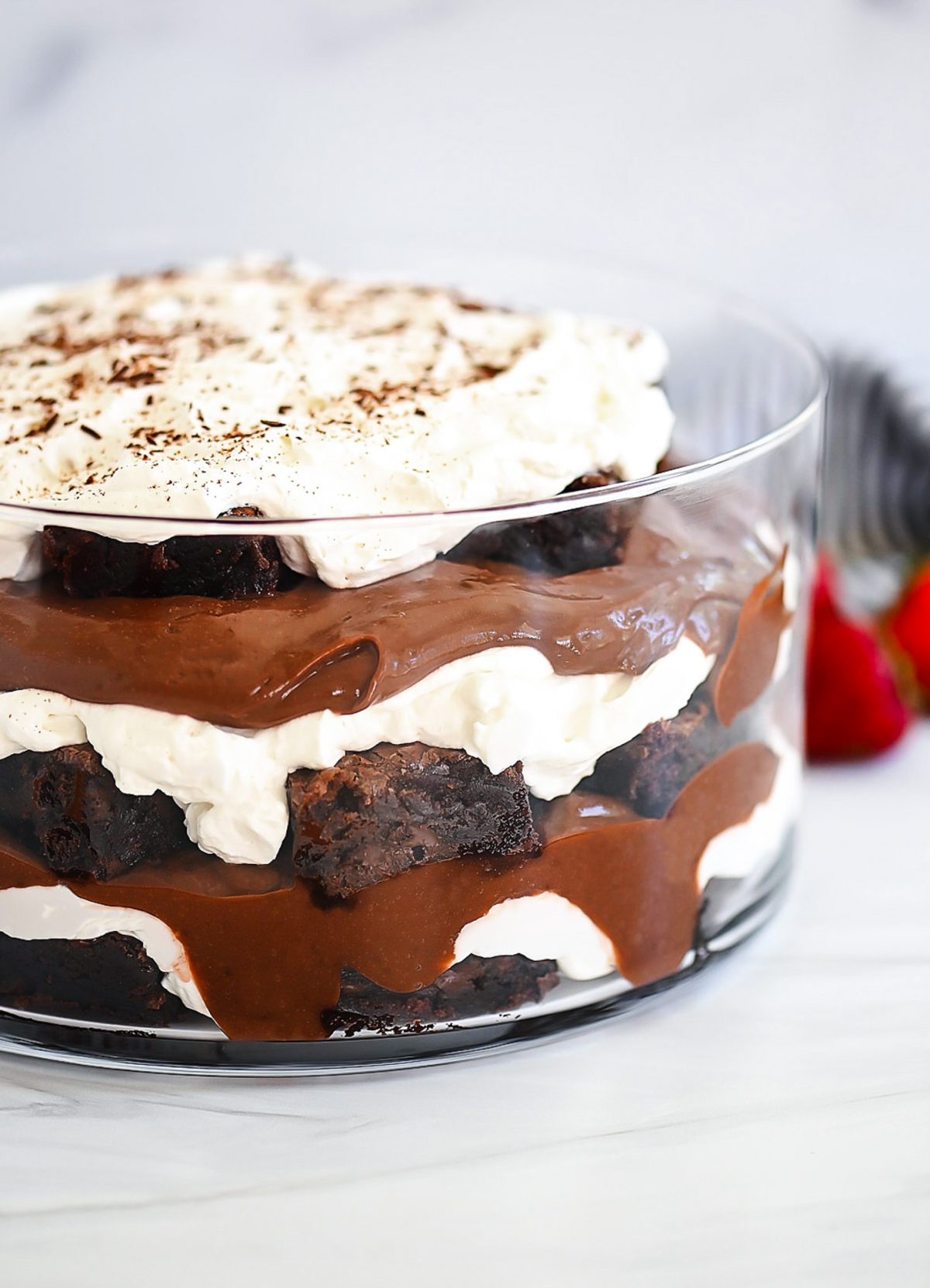 Layers of chocolate pudding, brownies and fresh whipped cream are inside this Brownie Trifle. Life-In-The-Lofthouse.com