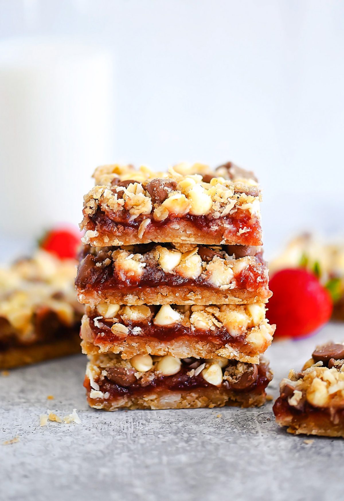 Bliss Bars with strawberry jam and chocolate.