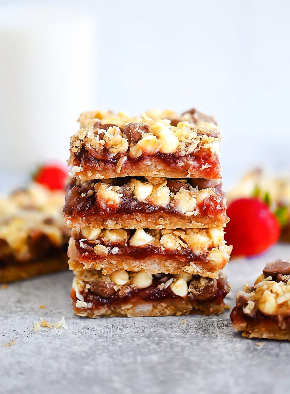Bliss Bars with strawberry jam and chocolate.