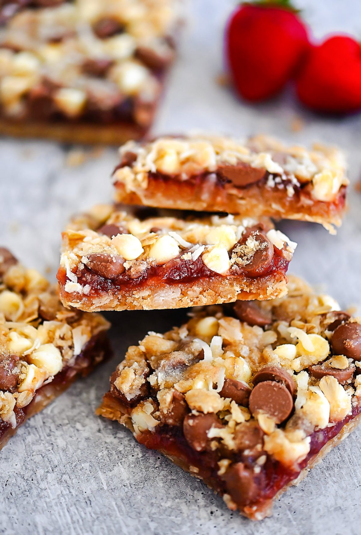 Bliss Bars with strawberry jam and chocolate.