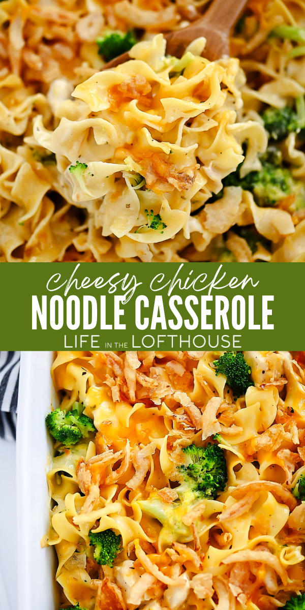 Cheesy Chicken Noodle Casserole&nbsp;is a creamy pasta dish with chicken, broccoli, and a crunchy topping. This delicious dinner is one that most everyone will love!