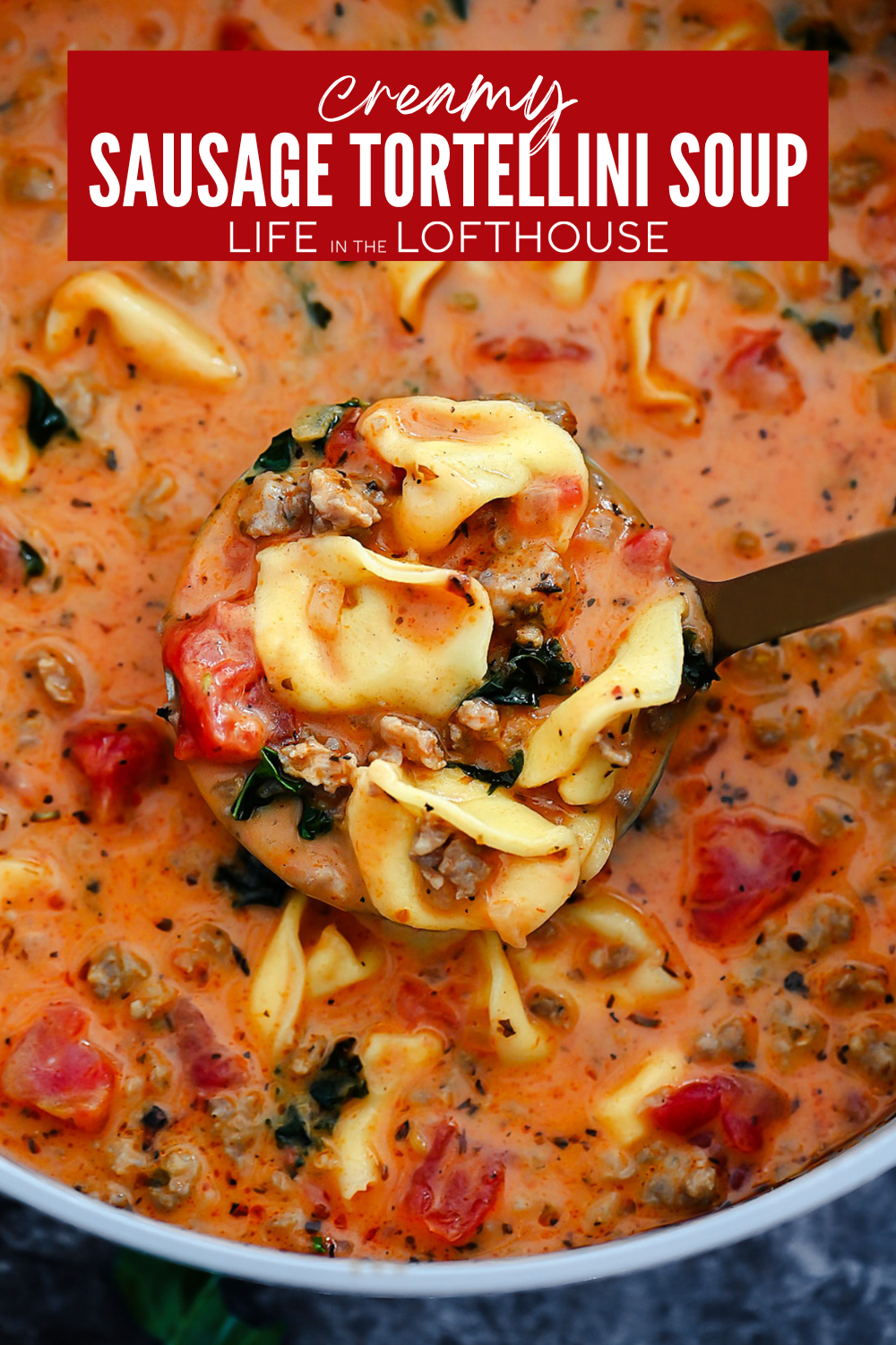 Creamy Sausage Tortellini Soup is loaded with cheese-filled tortellini and savory sausage in a creamy tomato broth. It's packed with flavor!
