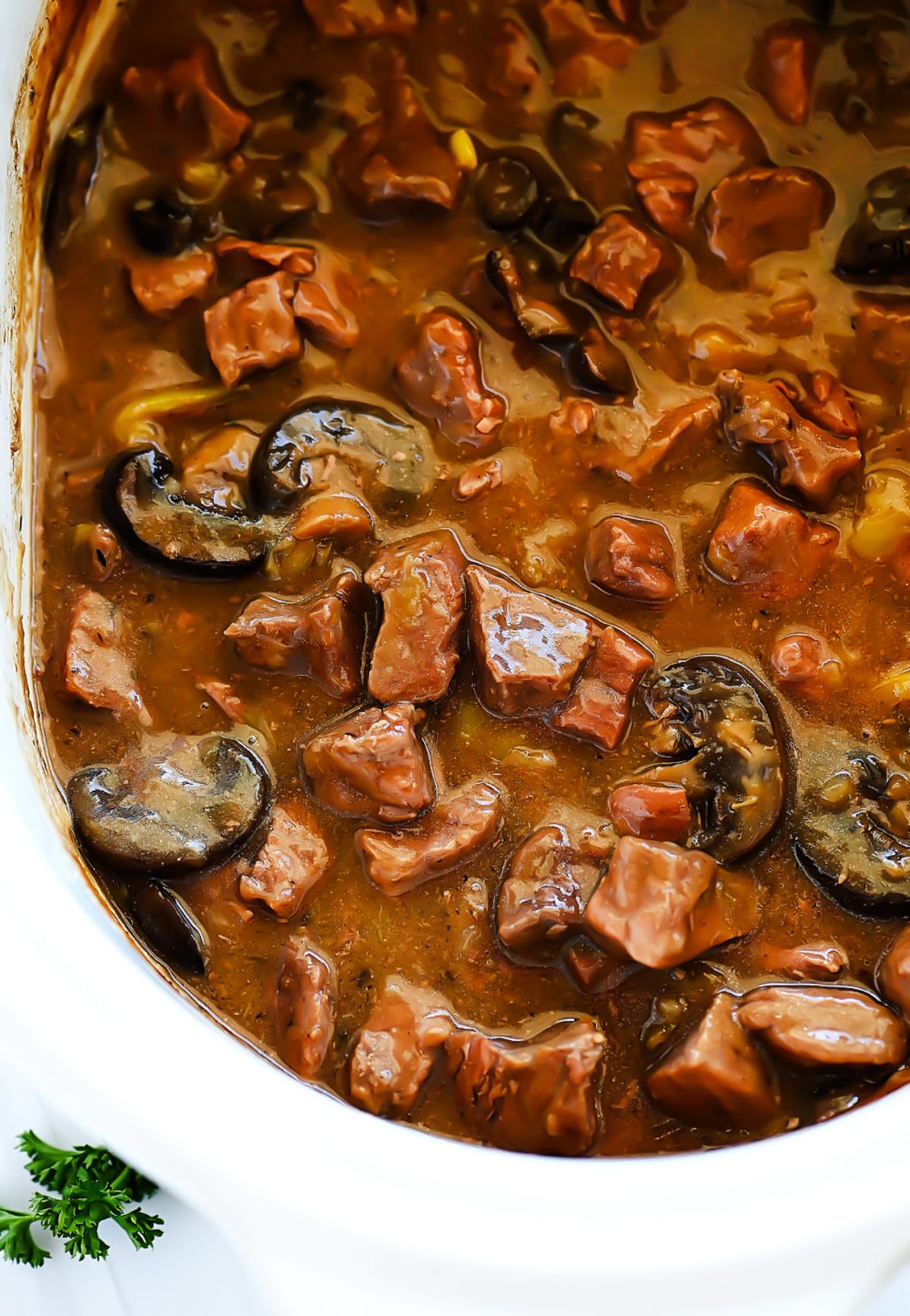 Decadent beef tips cooked with a rich mushroom gravy.