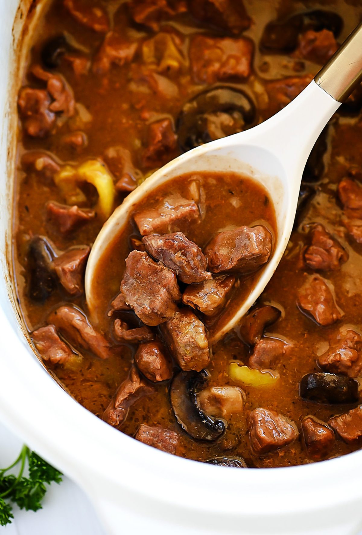 Decadent beef tips cooked with a rich mushroom gravy.