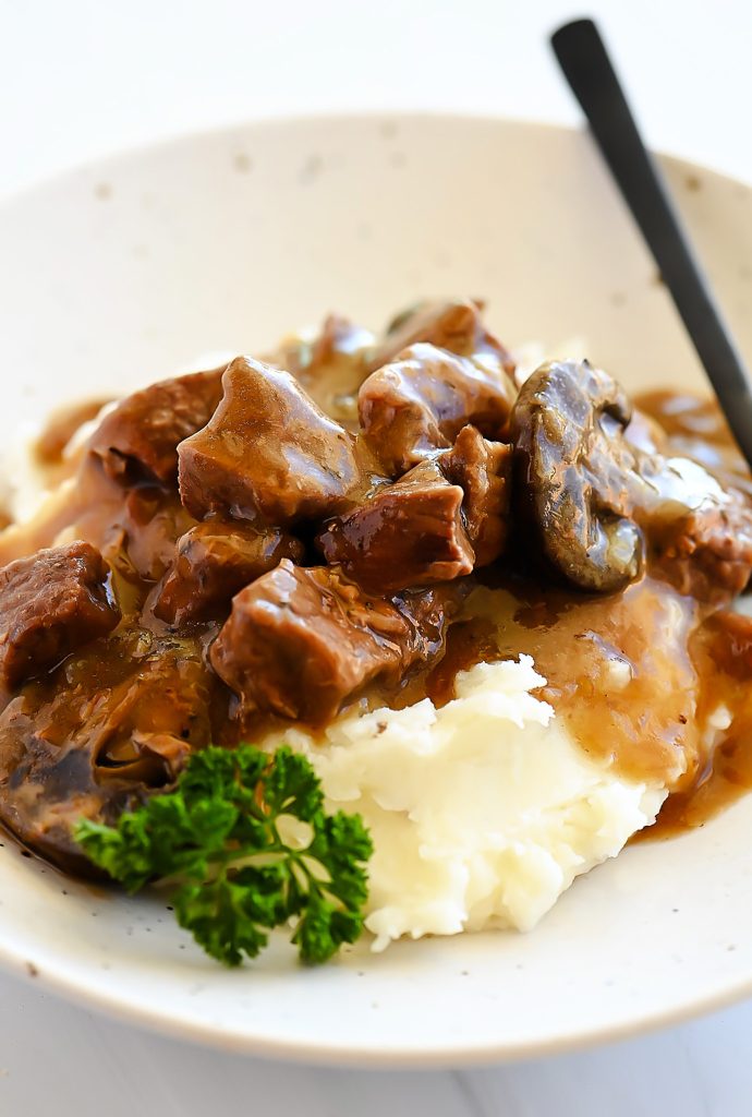 Decadent beef tips cooked with a rich mushroom gravy.