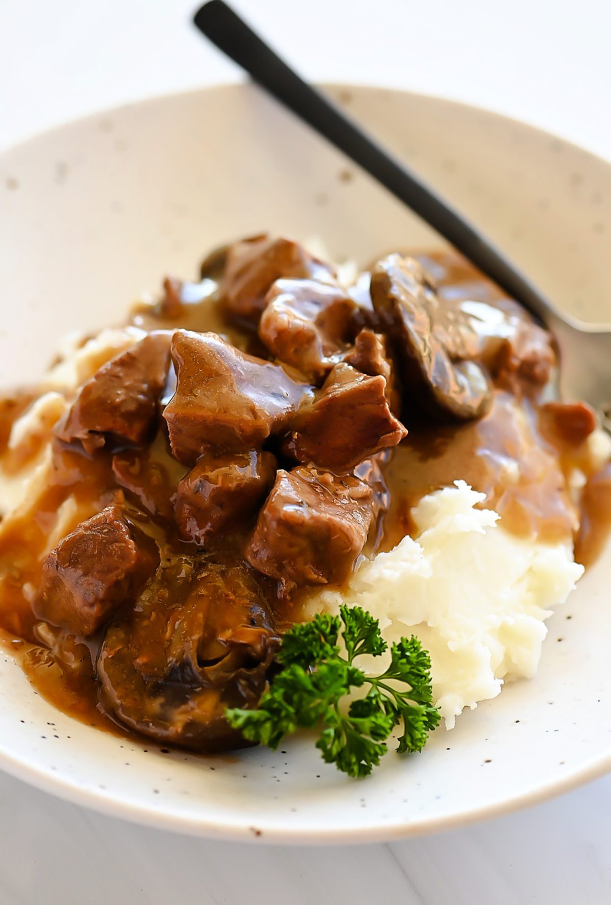 Decadent beef tips cooked with a rich mushroom gravy.