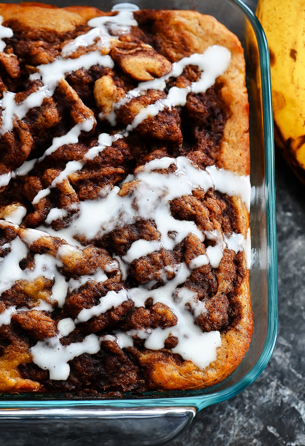 Cinnamon Roll Banana Cake with Vanilla Icing