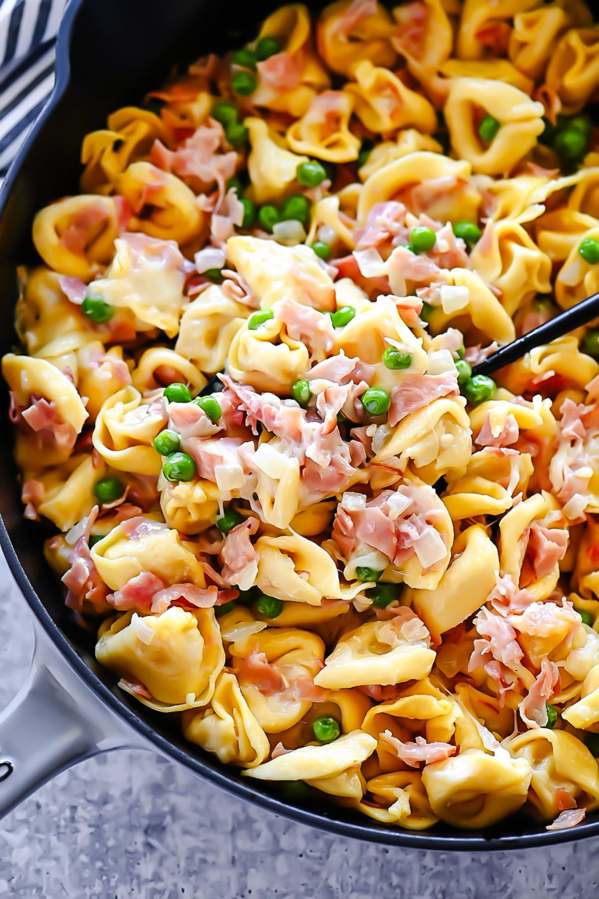 Ham, peas and a creamy sauce over cheese-filled tortellini. Life-in-the-Lofthouse.com