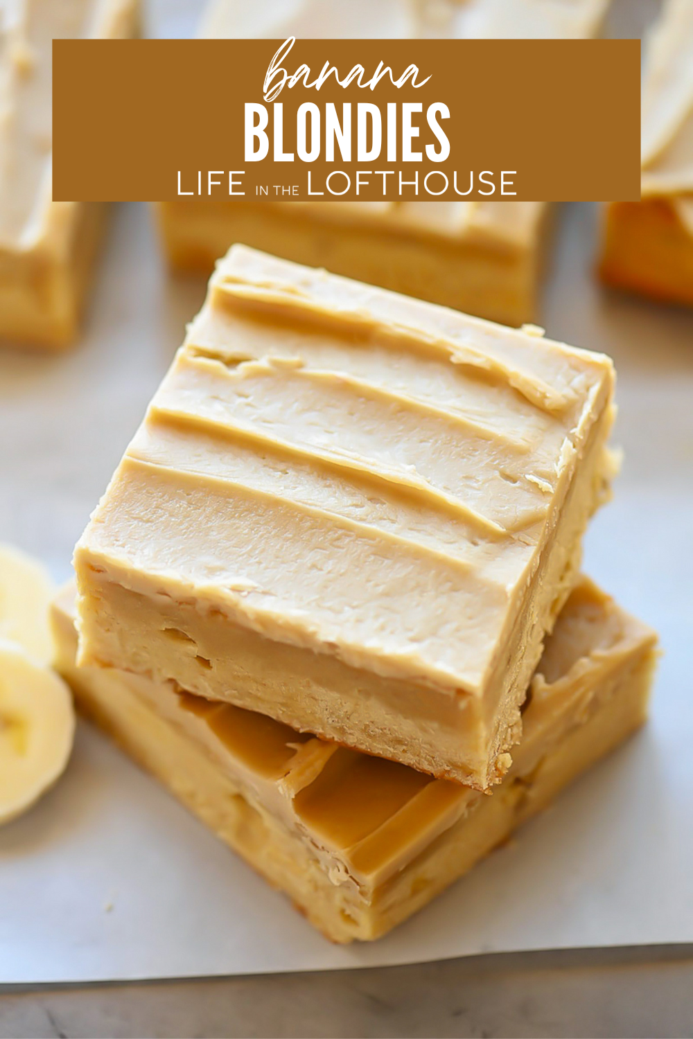 Easy and moist Banana Blondies with rich brown butter frosting&mdash;easy to bake, full of flavor, and perfect for dessert, snacks, or breakfast!
